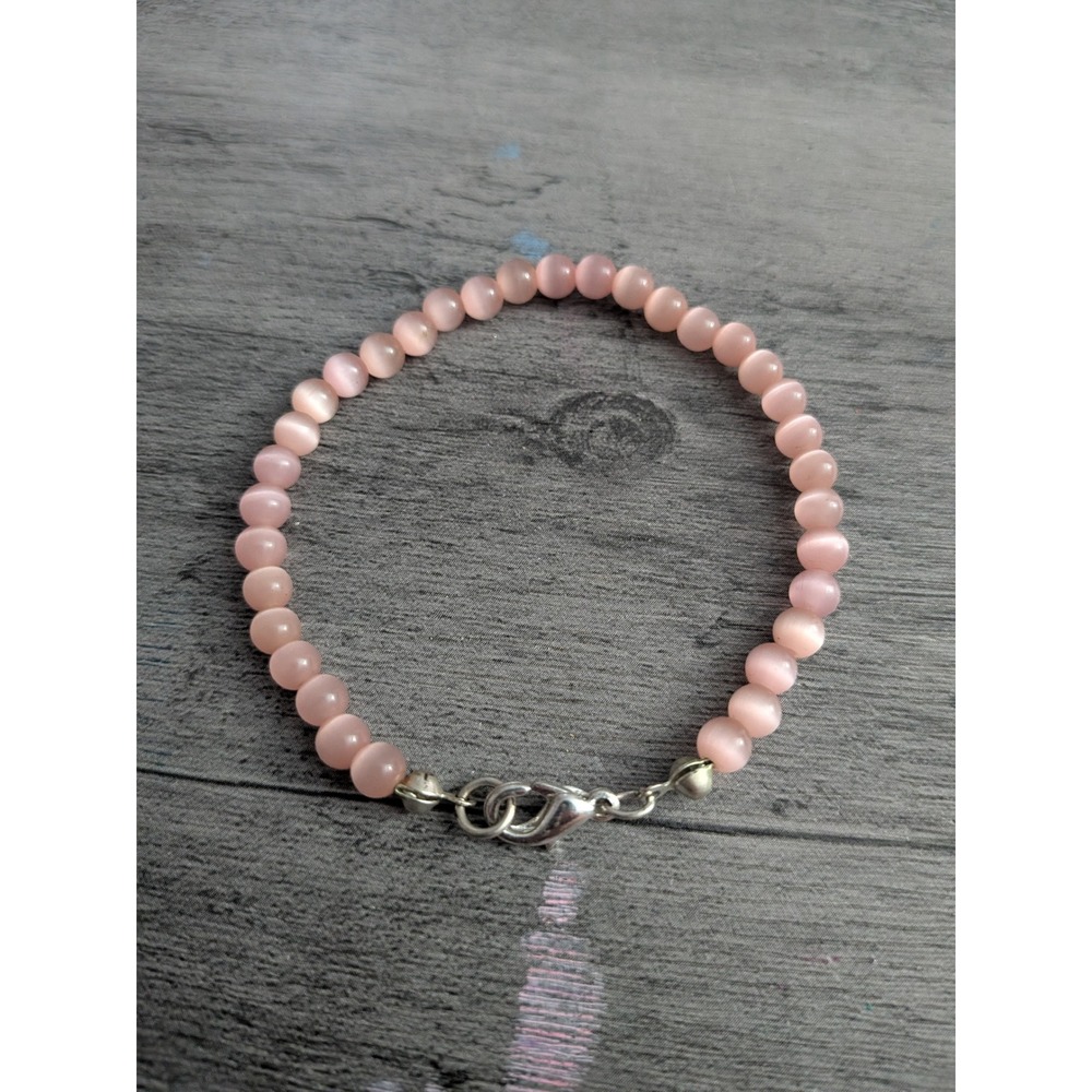 Pink Cat Eye Bead Bracelet Silver Tone Lobster Clasp Chatoyant Round Beads
